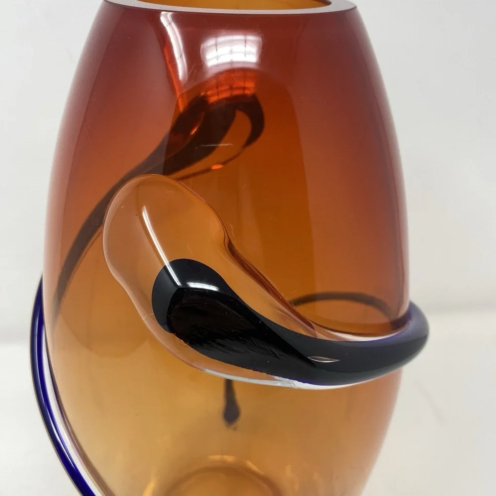 VTG Hand Blown Murano Art Glass Red Amber Swirl‎ Wrap Mid Century Lava 12